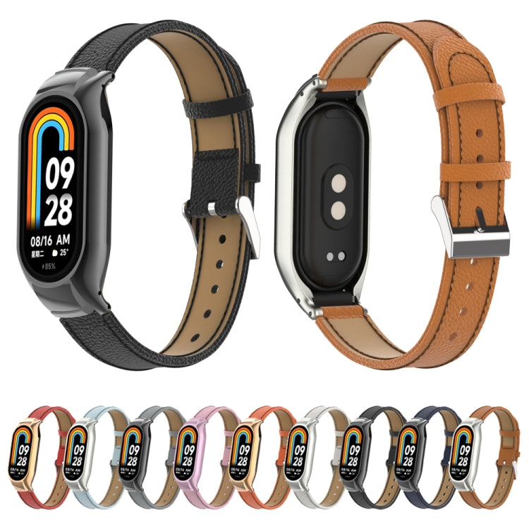 For Xiaomi Mi Band 8 Integrated Metal Case + Litchi Texture Leather Watch Band(Brown)