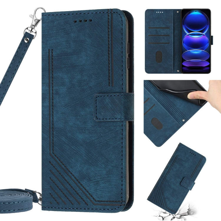 For Xiaomi Redmi Note 12 5G Global / Poco X5 5G Skin Feel Stripe Pattern Leather Phone Case with Lanyard(Blue)