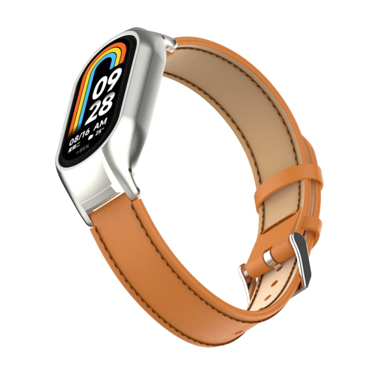 For Xiaomi Mi Band 8 Integrated Metal Case + Microfiber Sewing Leather Watch Band(Brown)