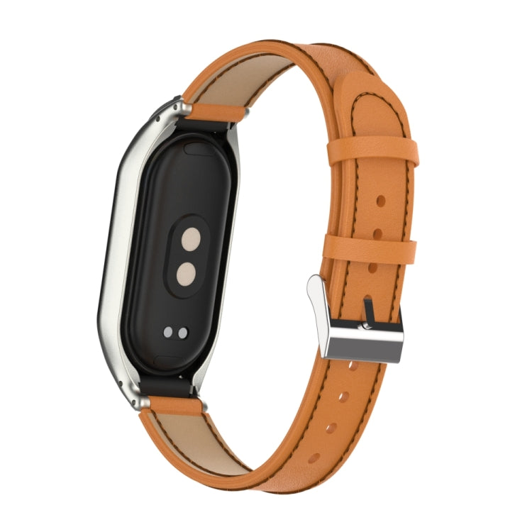 For Xiaomi Mi Band 8 Integrated Metal Case + Microfiber Sewing Leather Watch Band(Brown)
