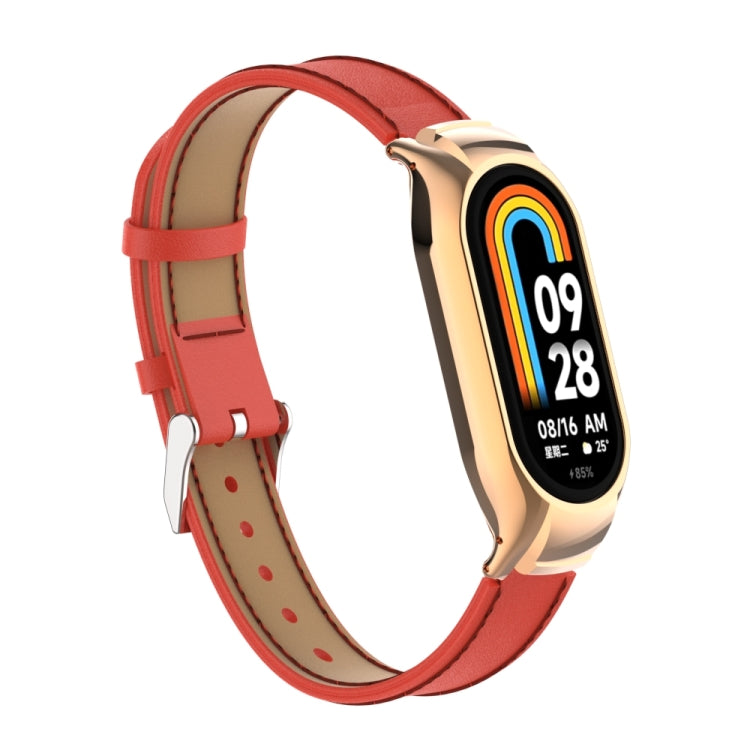 For Xiaomi Mi Band 8 Integrated Metal Case + Microfiber Sewing Leather Watch Band(Red)