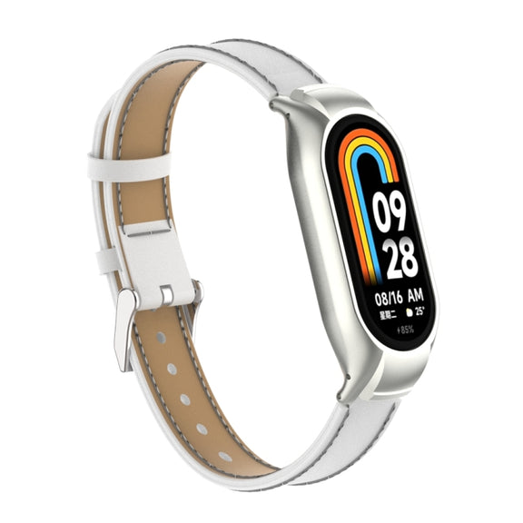 For Xiaomi Mi Band 8 Integrated Metal Case + Microfiber Sewing Leather Watch Band(White)