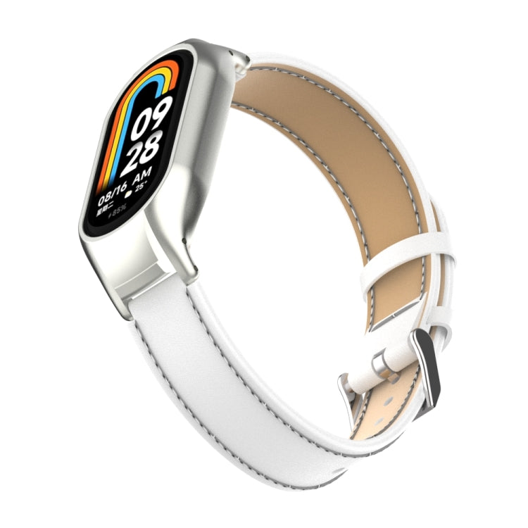For Xiaomi Mi Band 8 Integrated Metal Case + Microfiber Sewing Leather Watch Band(White)