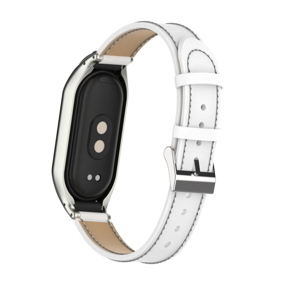 For Xiaomi Mi Band 8 Integrated Metal Case + Microfiber Sewing Leather Watch Band(White)