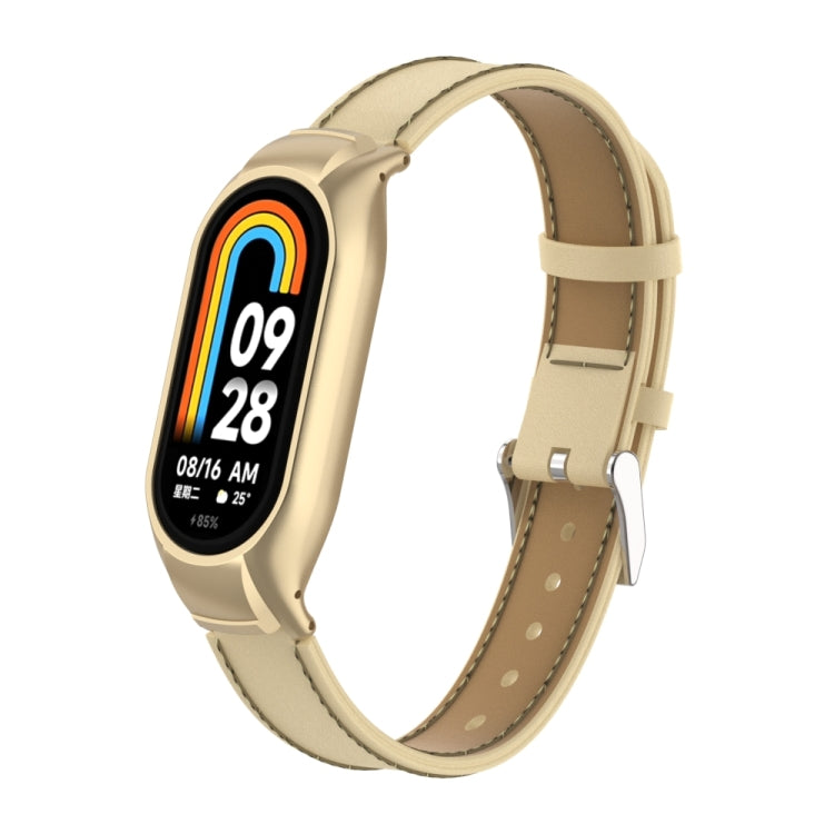 For Xiaomi Mi Band 8 Integrated Metal Case + Microfiber Sewing Leather Watch Band(Champagne)