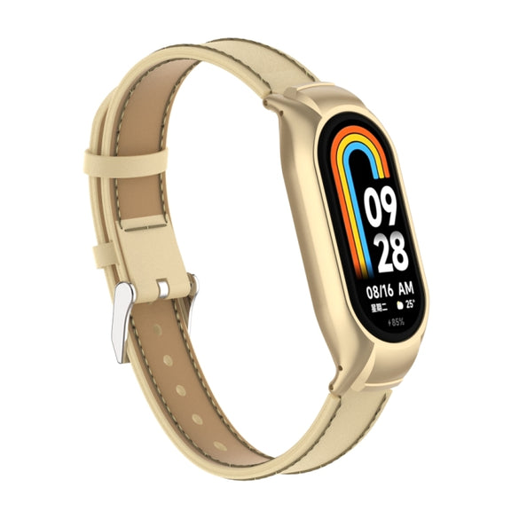 For Xiaomi Mi Band 8 Integrated Metal Case + Microfiber Sewing Leather Watch Band(Champagne)