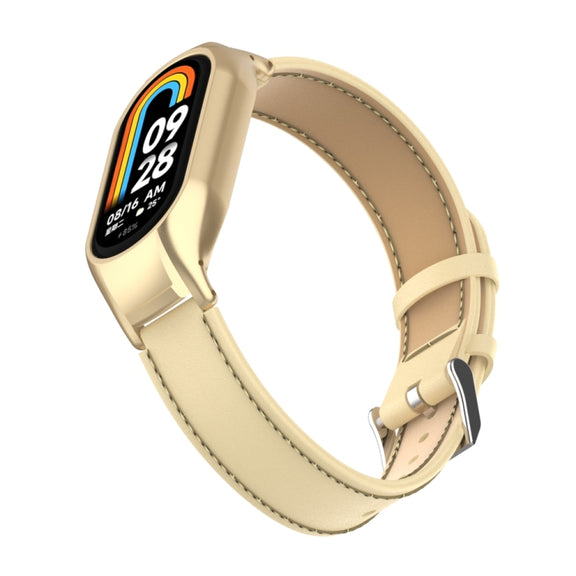 For Xiaomi Mi Band 8 Integrated Metal Case + Microfiber Sewing Leather Watch Band(Champagne)