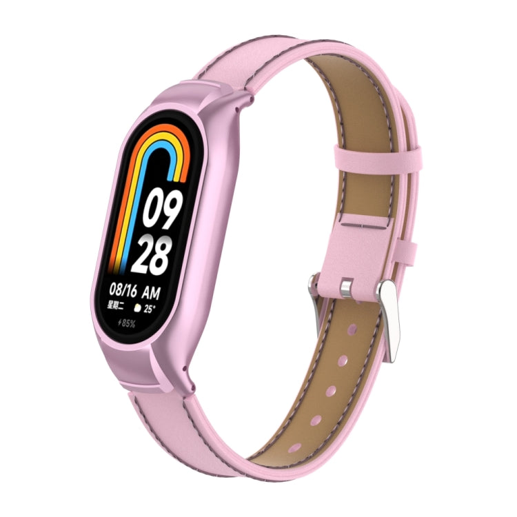 For Xiaomi Mi Band 8 Integrated Metal Case + Microfiber Sewing Leather Watch Band(Pink)