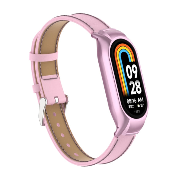 For Xiaomi Mi Band 8 Integrated Metal Case + Microfiber Sewing Leather Watch Band(Pink)