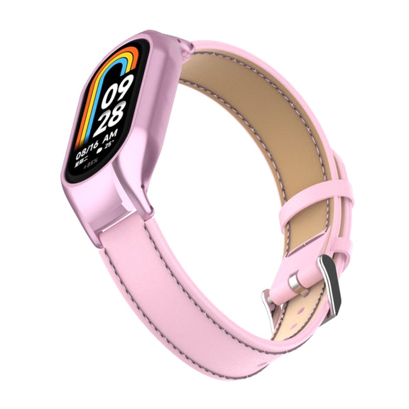 For Xiaomi Mi Band 8 Integrated Metal Case + Microfiber Sewing Leather Watch Band(Pink)