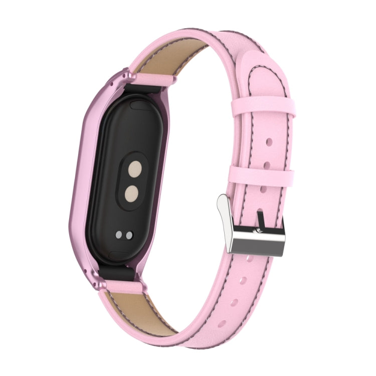 For Xiaomi Mi Band 8 Integrated Metal Case + Microfiber Sewing Leather Watch Band(Pink)