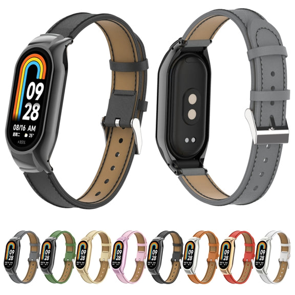 For Xiaomi Mi Band 8 Integrated Metal Case + Microfiber Sewing Leather Watch Band(White)