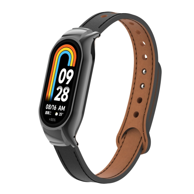 For Xiaomi Mi Band 8 Integrated Metal Case + Double Nail Microfiber Leather Watch Band(Black)