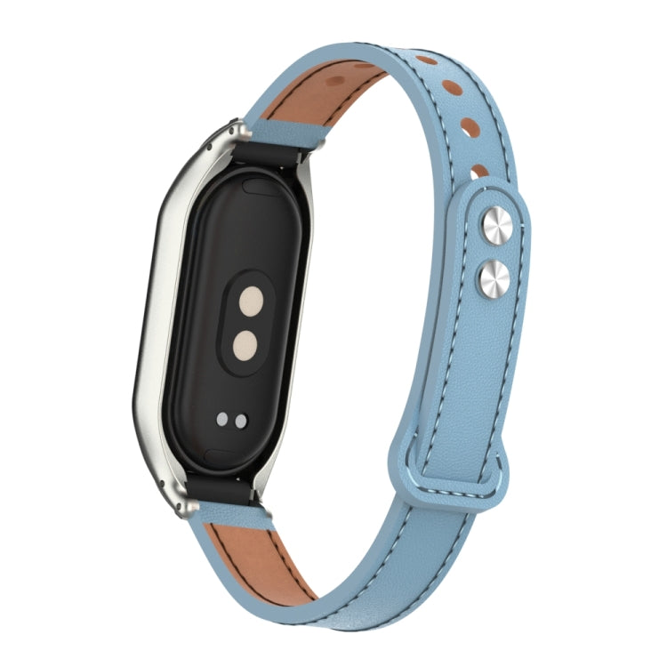 For Xiaomi Mi Band 8 Integrated Metal Case + Double Nail Microfiber Leather Watch Band(Light Blue)