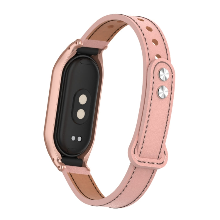 For Xiaomi Mi Band 8 Integrated Metal Case + Double Nail Microfiber Leather Watch Band(Pink)