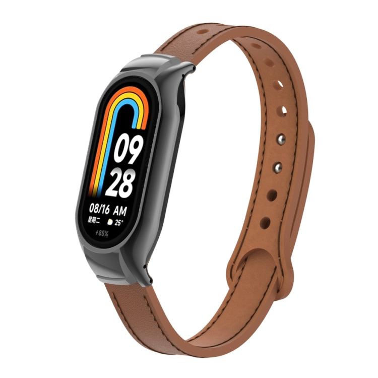 For Xiaomi Mi Band 8 Integrated Metal Case + Double Nail Microfiber Leather Watch Band(Brown)