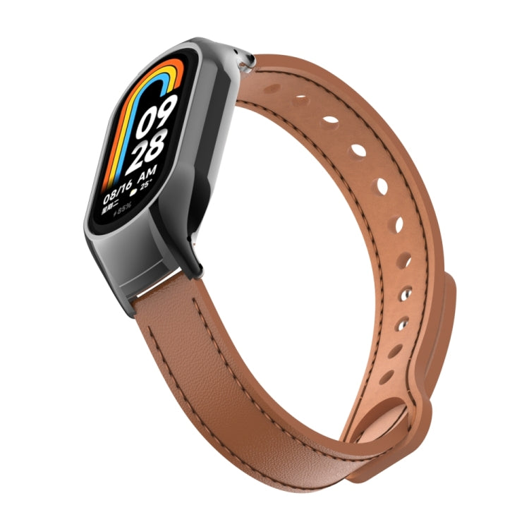 For Xiaomi Mi Band 8 Integrated Metal Case + Double Nail Microfiber Leather Watch Band(Brown)