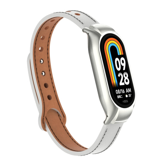 For Xiaomi Mi Band 8 Integrated Metal Case + Double Nail Microfiber Leather Watch Band(White)