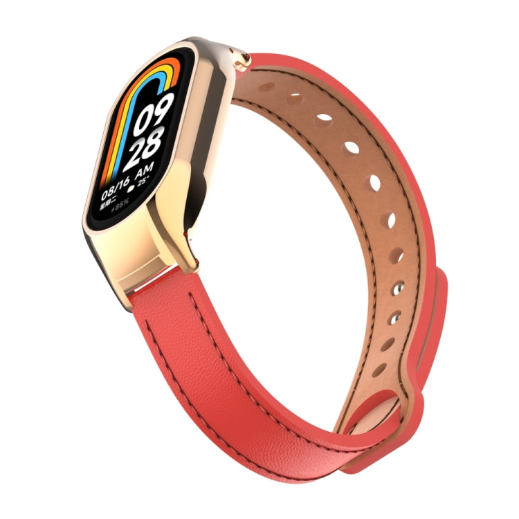 For Xiaomi Mi Band 8 Integrated Metal Case + Double Nail Microfiber Leather Watch Band(Red)