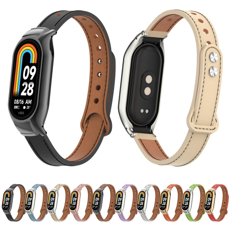 For Xiaomi Mi Band 8 Integrated Metal Case + Double Nail Microfiber Leather Watch Band(Grass Green)