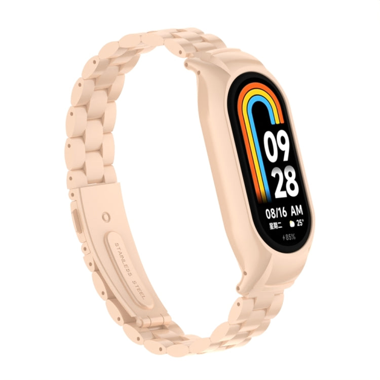 For Xiaomi Mi Band 8 Integrated Metal Case + Three-bead Watch Band(Milk Tea Color)