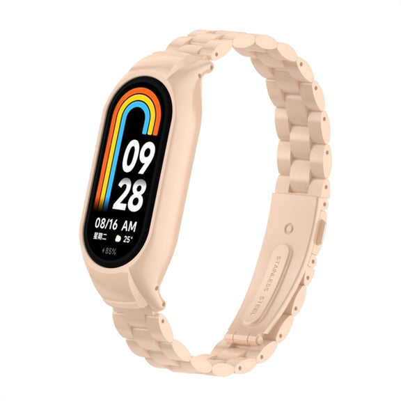 For Xiaomi Mi Band 8 Integrated Metal Case + Three-bead Watch Band(Milk Tea Color)