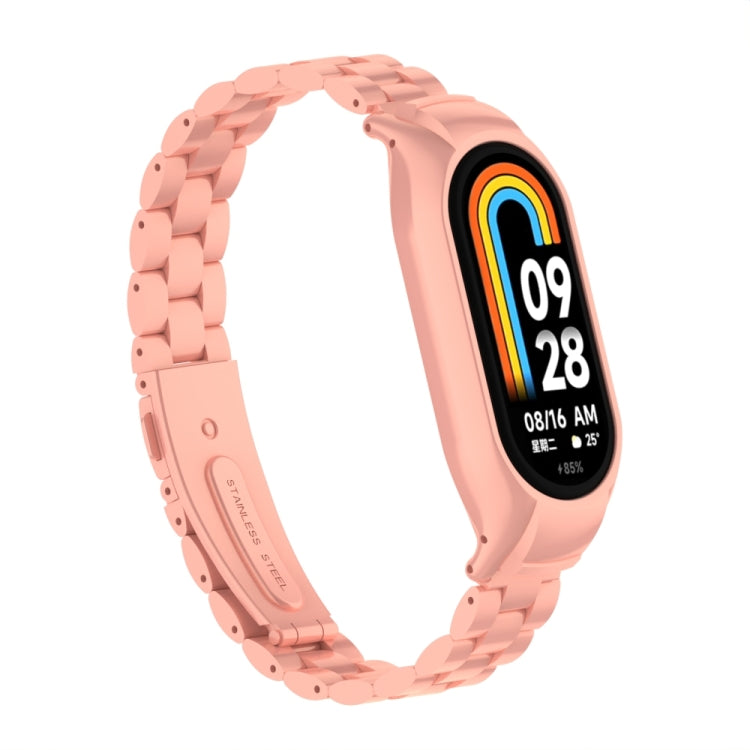 For Xiaomi Mi Band 8 Integrated Metal Case + Three-bead Watch Band(Bright Pink)