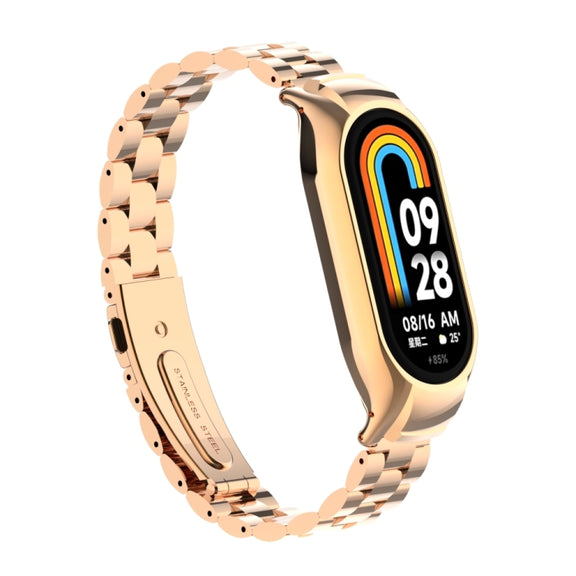 For Xiaomi Mi Band 8 Integrated Metal Case + Three-bead Watch Band(Rose Gold)