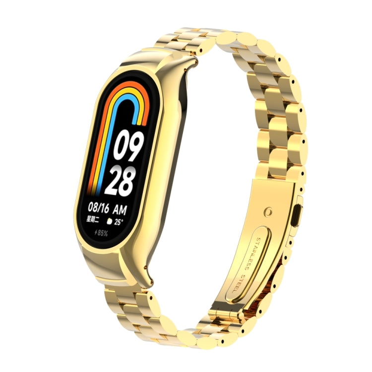 For Xiaomi Mi Band 8 Integrated Metal Case + Three-bead Watch Band(Gold)