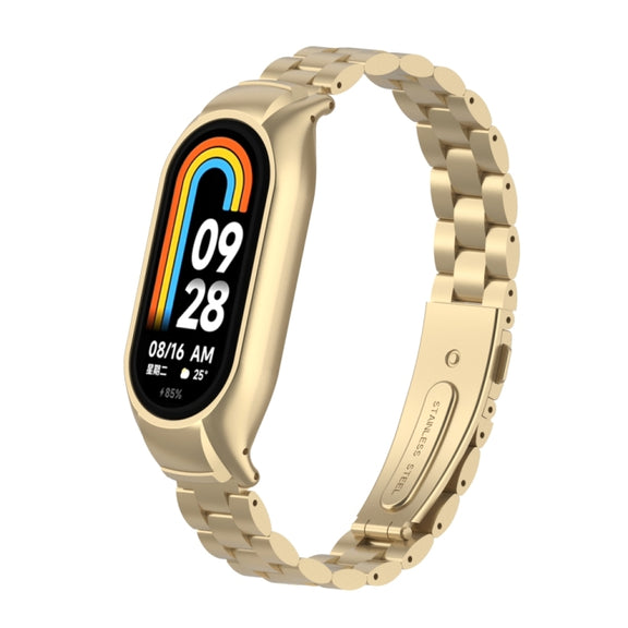 For Xiaomi Mi Band 8 Integrated Metal Case + Three-bead Watch Band(Retro Gold)