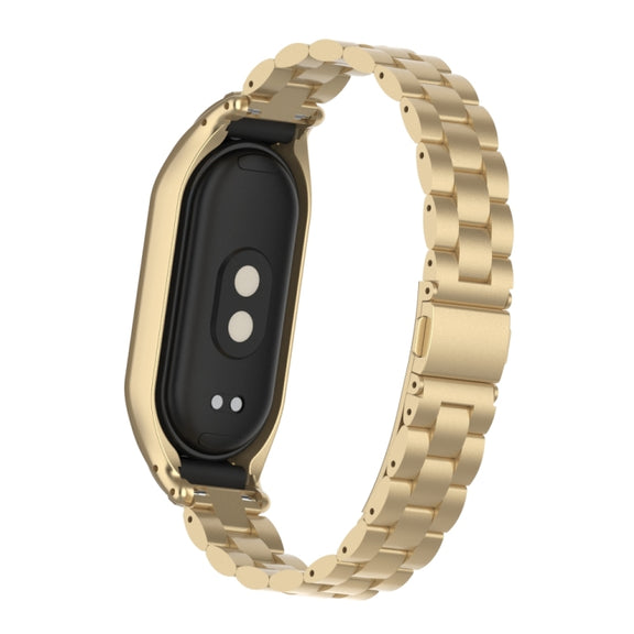 For Xiaomi Mi Band 8 Integrated Metal Case + Three-bead Watch Band(Retro Gold)