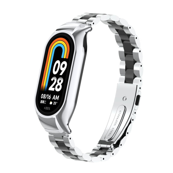 For Xiaomi Mi Band 8 Integrated Metal Case + Three-bead Watch Band(Silver+Black)