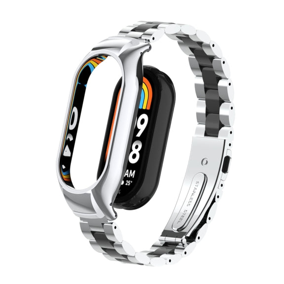 For Xiaomi Mi Band 8 Integrated Metal Case + Three-bead Watch Band(Silver+Black)