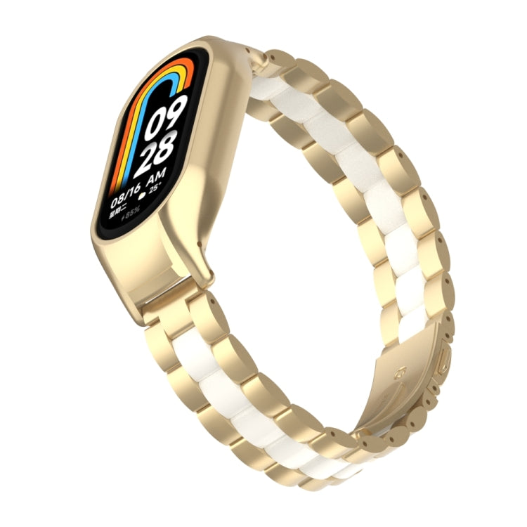 For Xiaomi Mi Band 8 Integrated Metal Case + Three-bead Watch Band(Champagne+White)