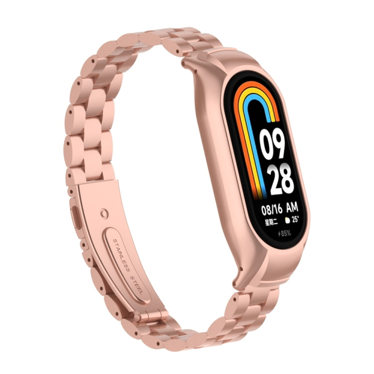 For Xiaomi Mi Band 8 Integrated Metal Case + Three-bead Watch Band(Rose Red)