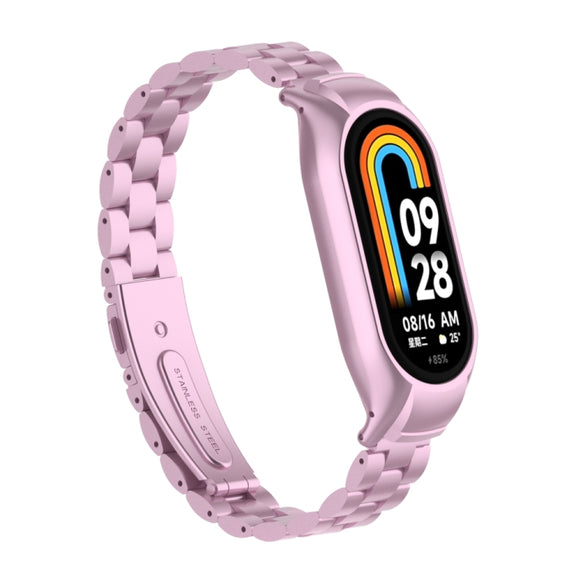 For Xiaomi Mi Band 8 Integrated Metal Case + Three-bead Watch Band(Rose Pink)