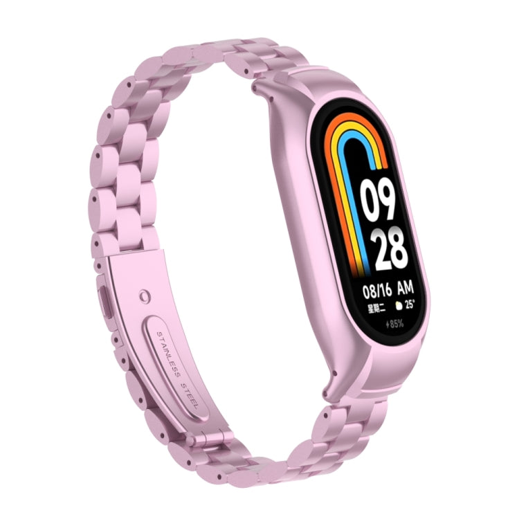 For Xiaomi Mi Band 8 Integrated Metal Case + Three-bead Watch Band(Rose Pink)