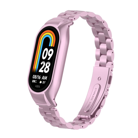 For Xiaomi Mi Band 8 Integrated Metal Case + Three-bead Watch Band(Rose Pink)