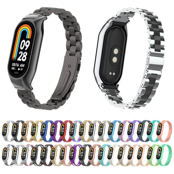 For Xiaomi Mi Band 8 Integrated Metal Case + Three-bead Watch Band(Milk Tea Color)