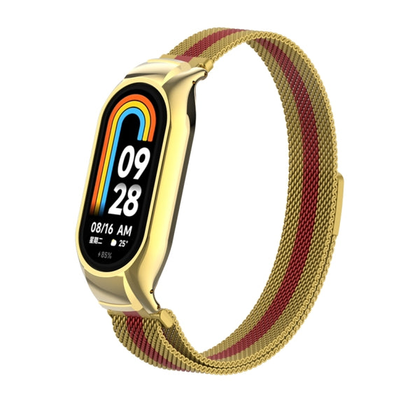 For Xiaomi Mi Band 8 Integrated Metal Case + Milanese Magnetic Watch Band(Gold+Red)
