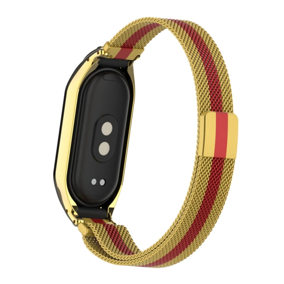 For Xiaomi Mi Band 8 Integrated Metal Case + Milanese Magnetic Watch Band(Gold+Red)