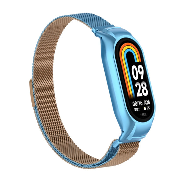 For Xiaomi Mi Band 8 Integrated Metal Case + Milanese Magnetic Watch Band(Gold Blue)