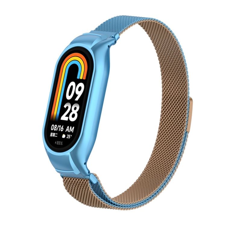 For Xiaomi Mi Band 8 Integrated Metal Case + Milanese Magnetic Watch Band(Gold Blue)