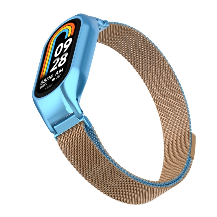For Xiaomi Mi Band 8 Integrated Metal Case + Milanese Magnetic Watch Band(Gold Blue)
