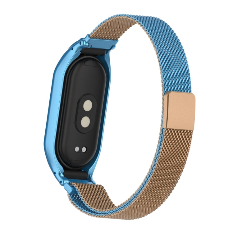 For Xiaomi Mi Band 8 Integrated Metal Case + Milanese Magnetic Watch Band(Gold Blue)