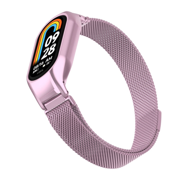 For Xiaomi Mi Band 8 Integrated Metal Case + Milanese Magnetic Watch Band(Rose Pink)