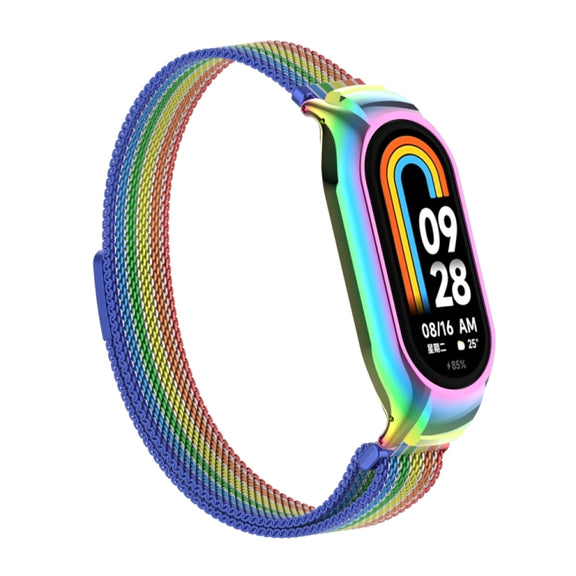 For Xiaomi Mi Band 8 Integrated Metal Case + Milanese Magnetic Watch Band(Rainbow Bars)