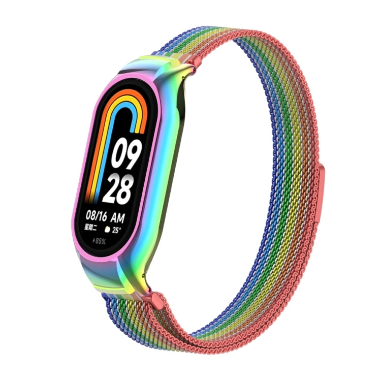 For Xiaomi Mi Band 8 Integrated Metal Case + Milanese Magnetic Watch Band(Rainbow Bars)
