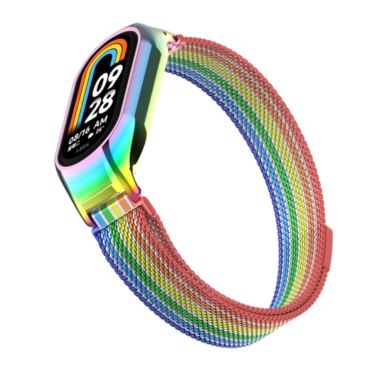 For Xiaomi Mi Band 8 Integrated Metal Case + Milanese Magnetic Watch Band(Rainbow Bars)