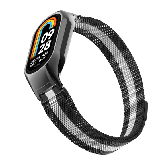 For Xiaomi Mi Band 8 Integrated Metal Case + Milanese Magnetic Watch Band(Black+Silver)